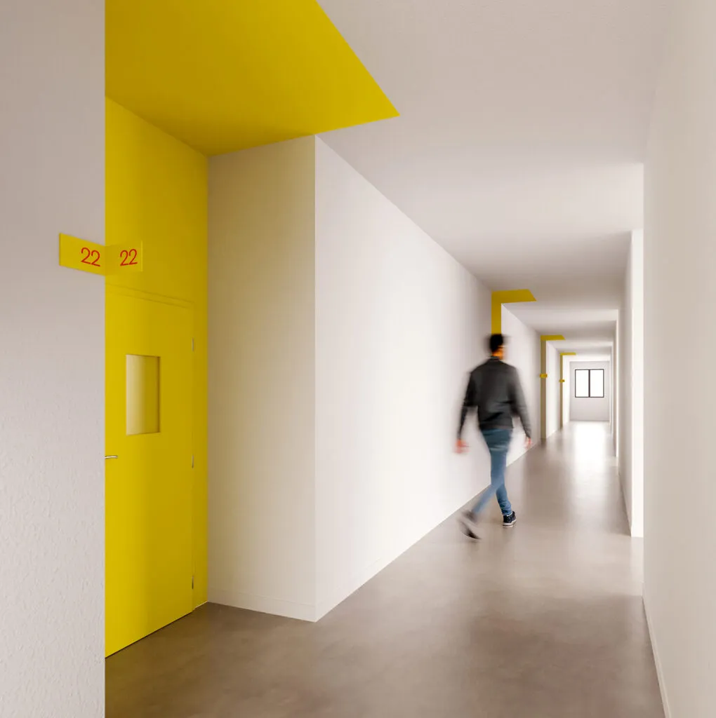 Yellow doorway highlighted in hallway