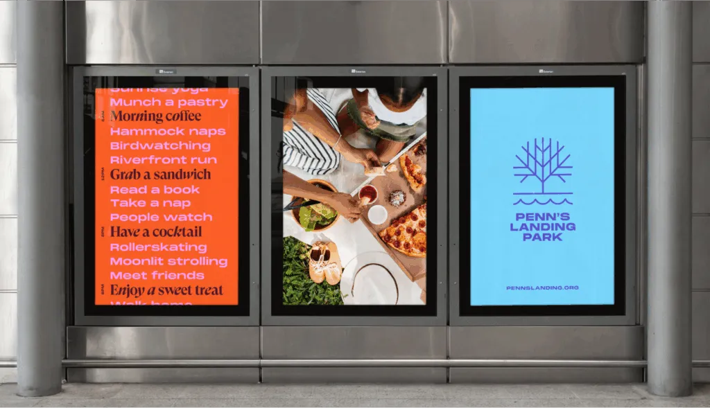 Digital advertisements on street advertising park. Includes a list of events at the park