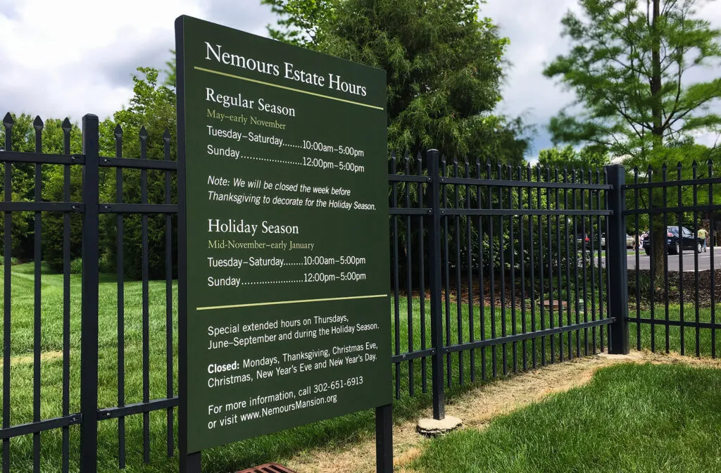Nemours Estate Hours signage