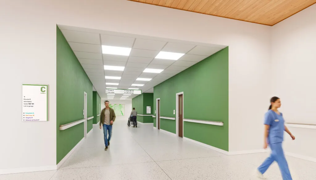 Building rendering of zone C signage, green wall interiors to correlate with the zone color