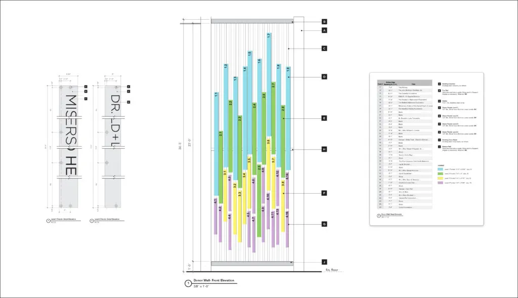 Jefferson Health donor wall elevation drawing and design intent drawing.