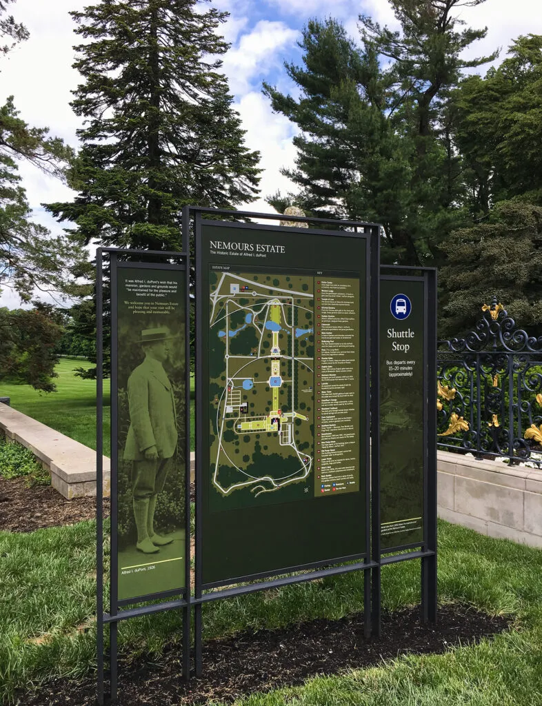 Nemours Estate outdoor directory and map sign.