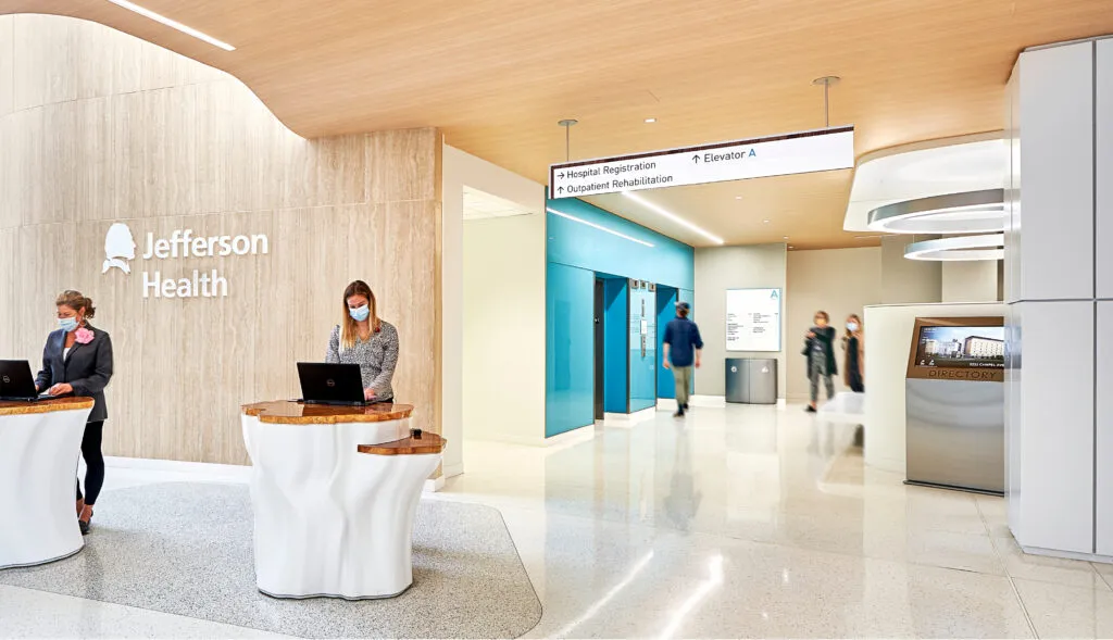 Jefferson Health information desk and registration in Cherry Hill, NJ.