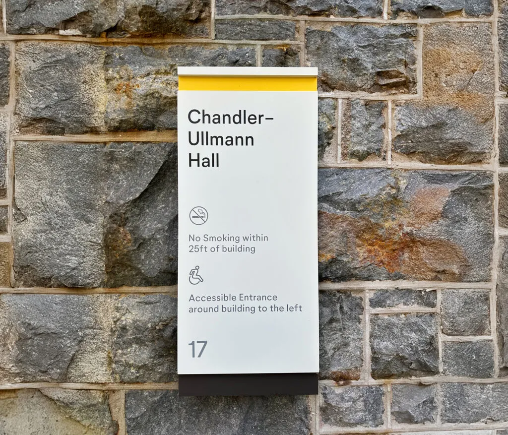 Lehigh University exterior building identification sign for Chandler-Ullmann Hall.