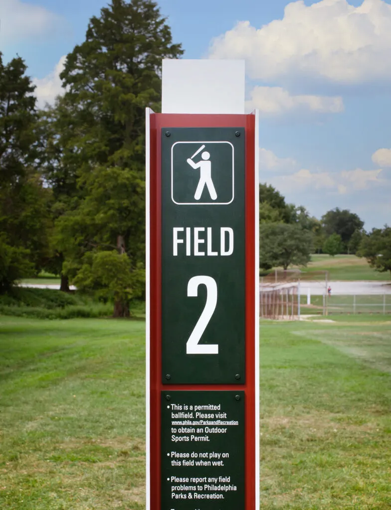 Close up of Belmont Plateau field identification sign