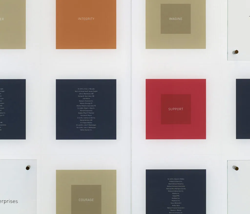 Up close detail shot of Virtua Voohees donor wall