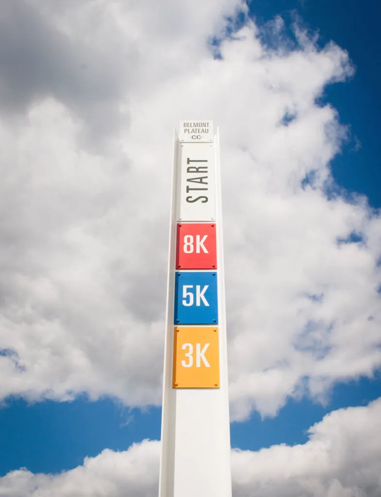Close up of the Belmont Plateau starting line sign