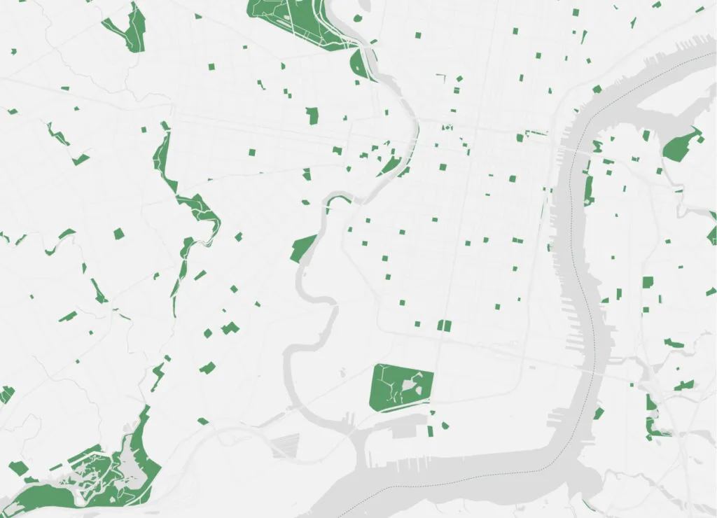 Map of Philadelphia with parks highlighted in green.