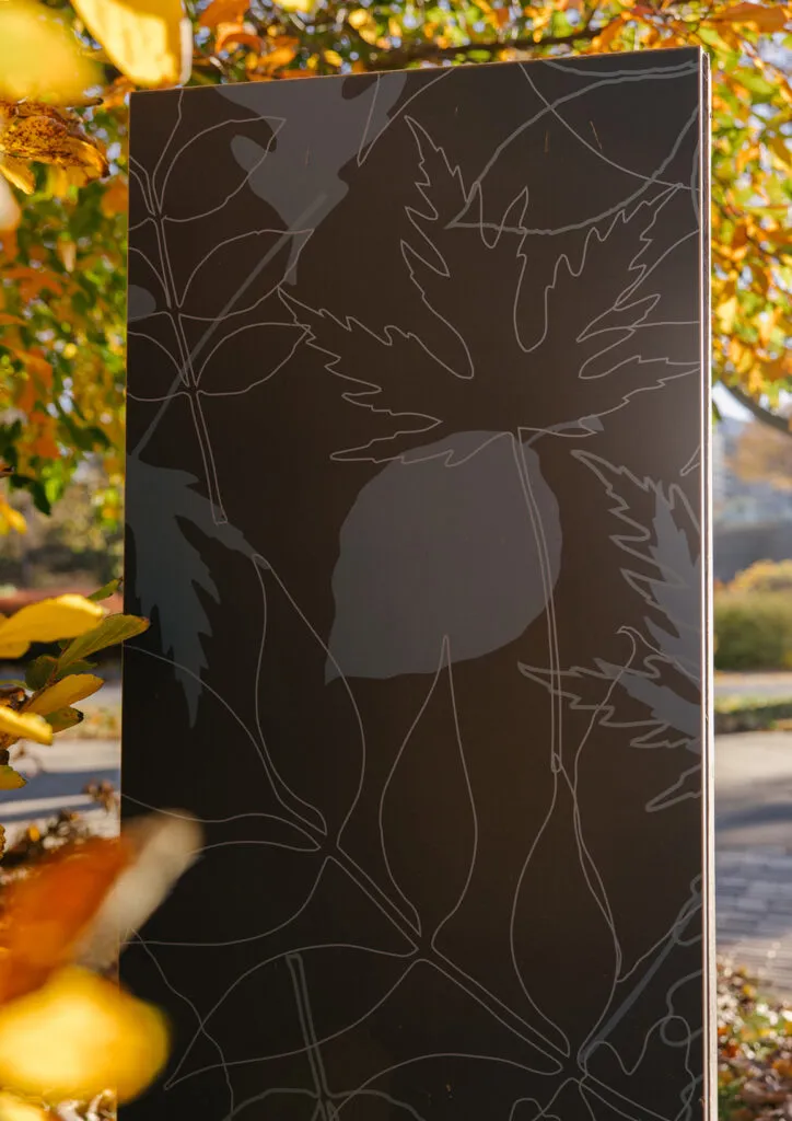Back graphic on Philadelphia Parks & Rec signage, leaf illustrations