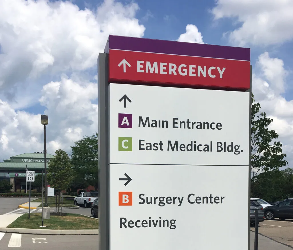 UPMC Directional sign highlighting the letter zoning navigation system