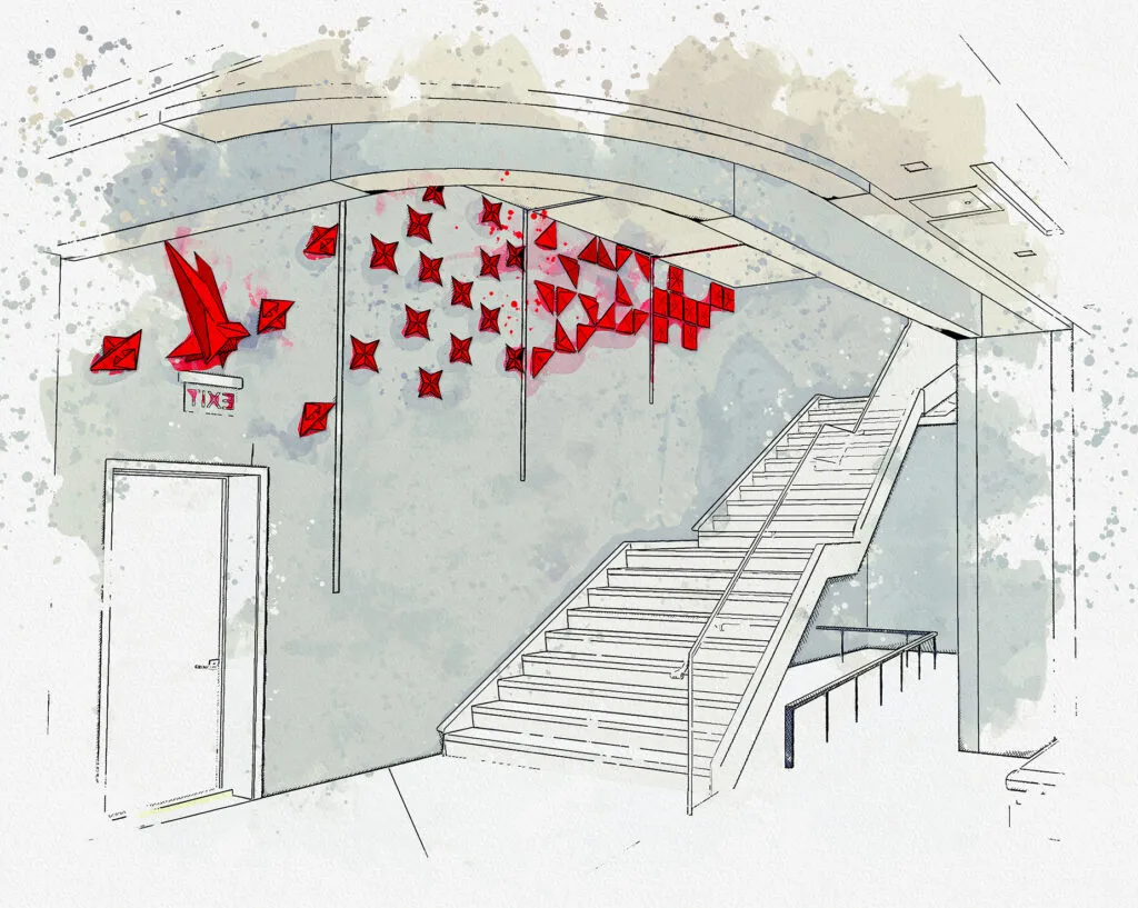 Original sketch of origami wall concept. Birds line staircase similar to the final design