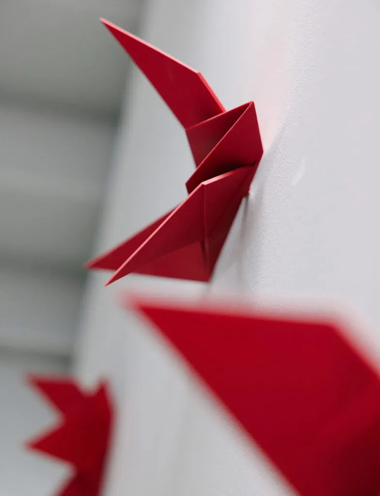 Tight detail shot highlighting construction method for the birds